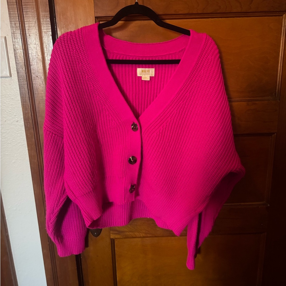 Vibrant Fuchsia V-Neck Button Cardigan Sweater - Picture 2 of 7